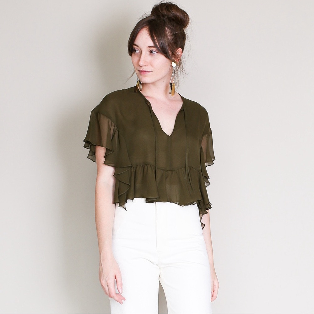 SOLD- RACHEL COMEY Floater Silk Blouse in Olive - Picture 3 of 11